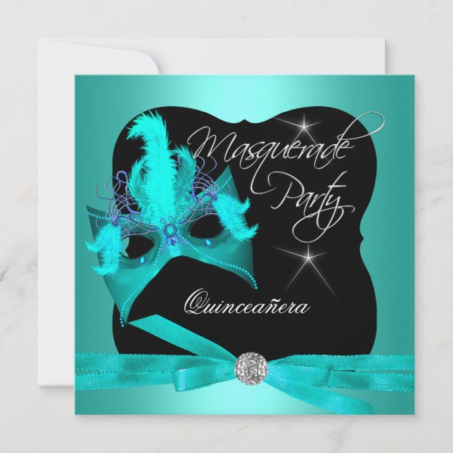 Convite Festa Quinceanera Mascarada Teal Black (Frente)