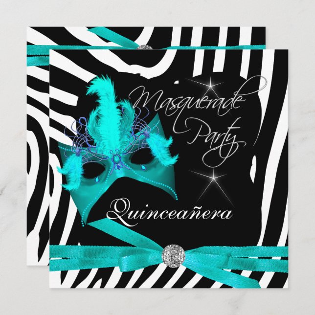Convite Festa Quinceanera Mascarada Teal Zebra (Frente/Verso)