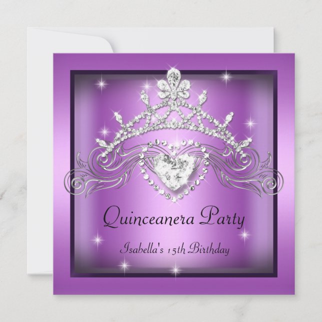 Convite Festa Quinceanera Tiara Prata Roxo 15 (Frente)