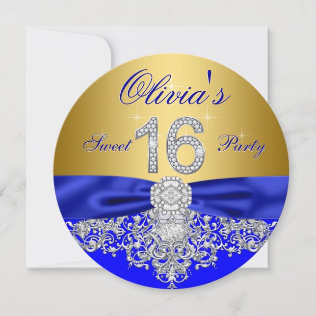 Convite Festa Real Blue e Dourada Diamond Sweet 16 (Frente)