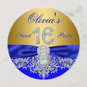 Convite Festa Real Blue e Dourada Diamond Sweet 16