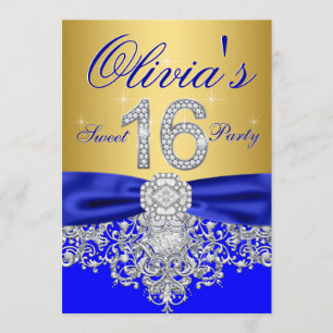 Convite Festa Real Blue e Dourada Diamond Sweet 16
