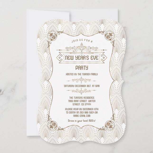 Convite Festa Real Dourada Fleur-de-lis Art Deco Ano Novo (Frente)