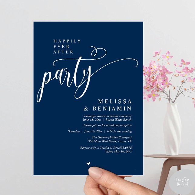 Convite Festa, Recepção Depois da Felicidade Eterna Minima (Happily Ever After Party, Reception Modern Minimal Invitation Card in Navy Blue)