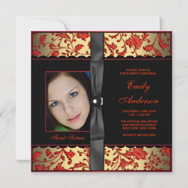 Convite Festa Red Black Gold Damask Foto Doce 16 (Frente)