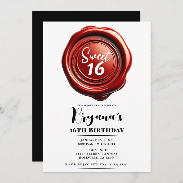 Convite Festa Red Candle Wax Seal Elegant Classy Sweet 16 (Frente/Verso)