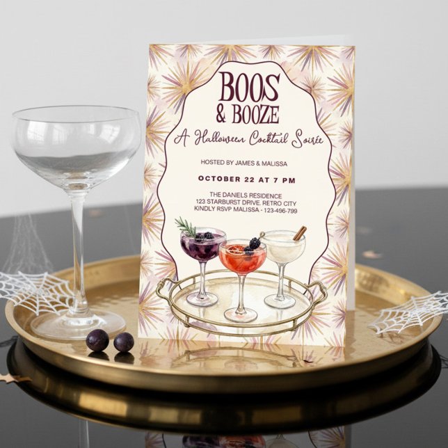 Convite Festa Retro Chic de Halloween com Fantasmas e Bebi (Boos & Booze Halloween Party Invitation by Darling & May)