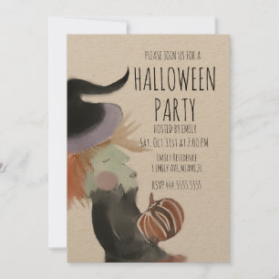 Convite Festa Retro de Halloween Aquarela Bruxa Abóbora