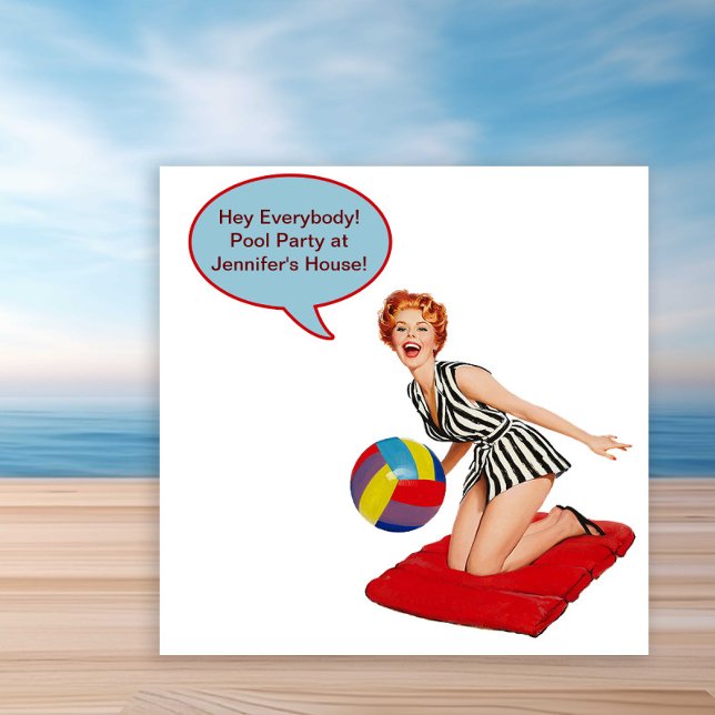 Convite Festa Retro de Piscina com Bolas de Praia (Fun vintage retro pool party invitation. Simply add your event details to the front and back.)