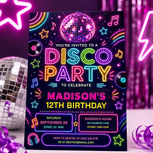 Convite Festa Retro Disco Neon Glow Aniversário (Criador carregado)