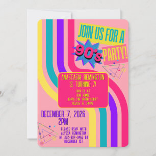 Convite Festa Retro dos Anos 90 Rosa Aniversário Nostálgic
