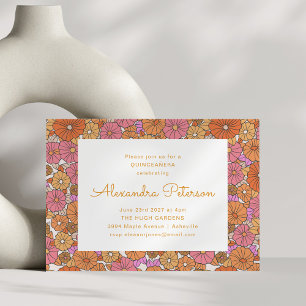 Convite Festa Retro Floral Laranja Rosa Quinceañera