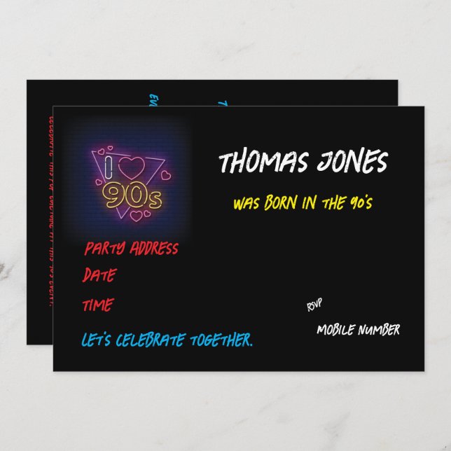 Convite Festa Retro Personalizada com Tema dos Anos 90 (Frente/Verso)