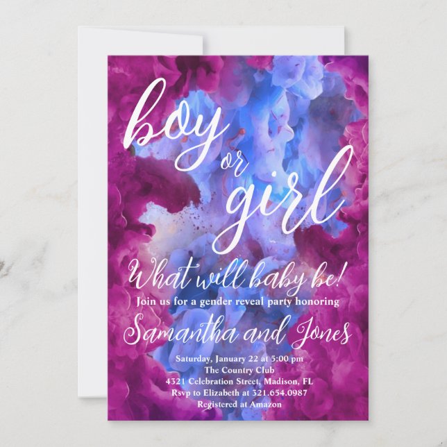 Convite Festa Revelatória de Gênero de Fumaça Azul Rosa (Frente)