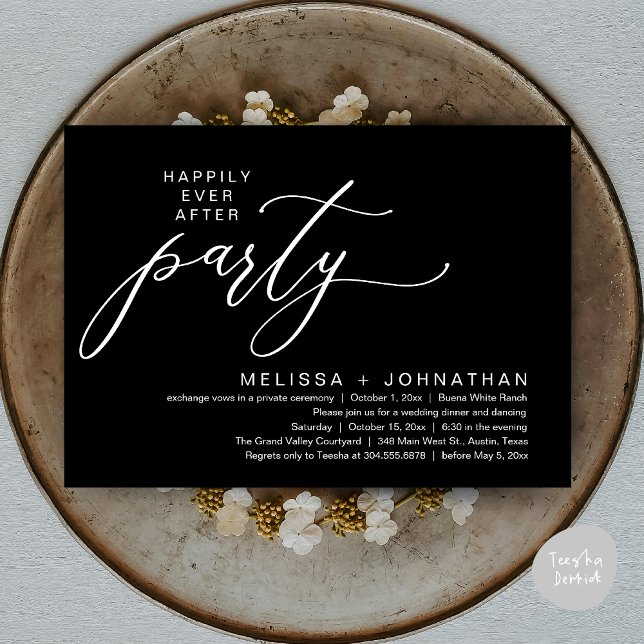 Convite Festa Romântica de Casamento com Jantar de Fuga (Romantic Modern Happily Ever After Party Elopement Dinner Invitation Card PDF in Classy Black White)