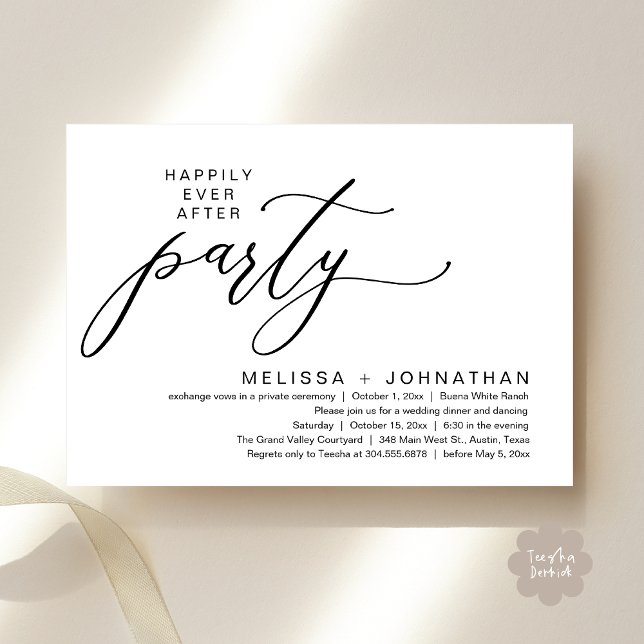 Convite Festa Romântica de Casamento com Jantar de Fuga (Romantic Modern Happily Ever After Party Elopement Dinner Invitation Card PDF in Classy Black White)