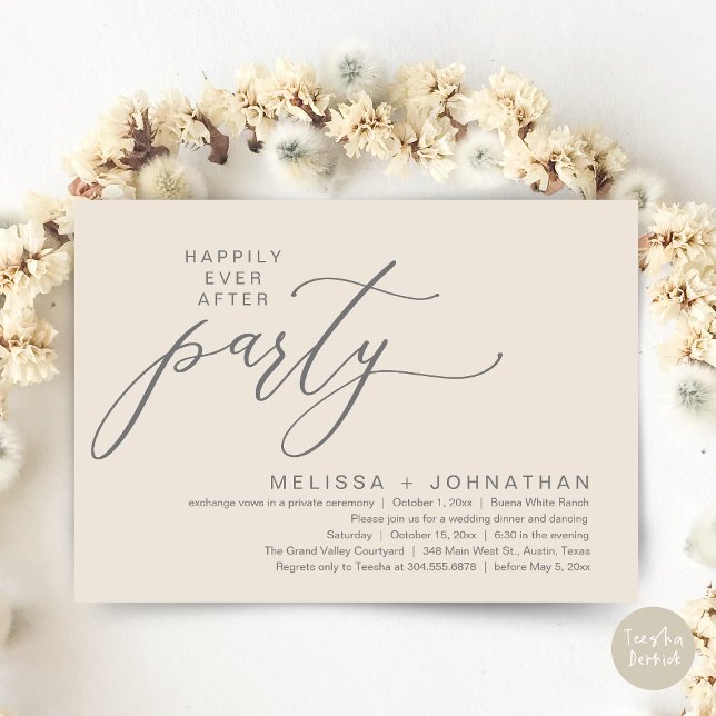 Convite Festa Romântica de Casamento com Jantar de Fuga Ro (Romantic Modern Happily Ever After Party Elopement Dinner Invitation Card PDF in Classy Cream Grey)