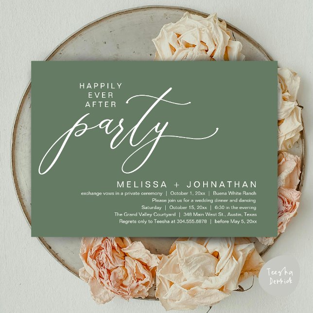 Convite Festa Romântica de Casamento com Jantar de Fuga Ro (Romantic Modern Happily Ever After Party Elopement Dinner Invitation Card PDF in Rustic Sage Green)