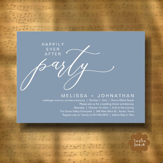 Convite Festa Romântica de Casamento com Jantar de Fuga Ro (Romantic Modern Happily Ever After Party Elopement Dinner Invitation Card PDF in Classy Dusty Blue)