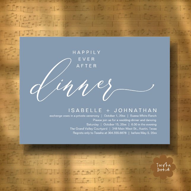 Convite Festa Romântica de Casamento com Jantar Feliz para (Romantic Modern Happily Ever After Party Elopement Dinner Invitation Card PDF in Classy Dusty Blue)
