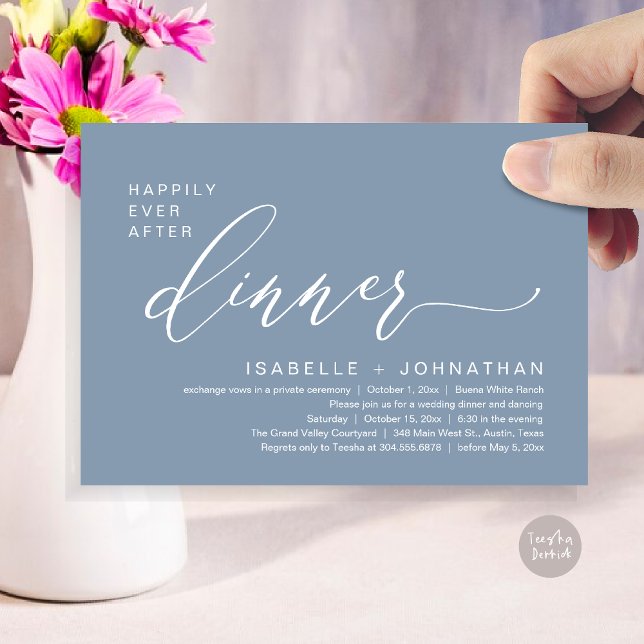 Convite Festa Romântica de Casamento com Jantar Feliz para (Romantic Modern Happily Ever After Party Elopement Dinner Invitation Card PDF in Classy Dusty Blue)