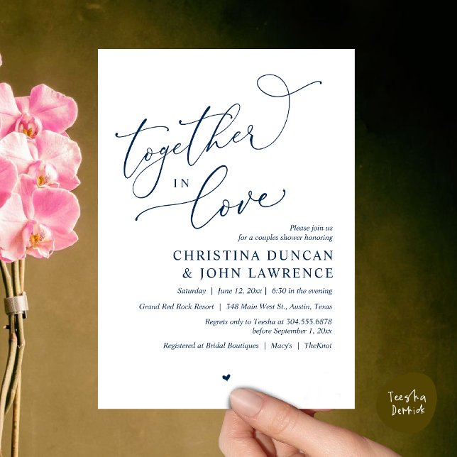 Convite Festa Romântica De Chá De Casais, Juntos No Amor (Together in Love, Romantic Couples Shower Party Invitation Card PDF modern minimalist Navy Blue)