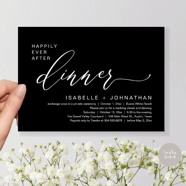 Convite Festa Romântica de Elopamento com Jantar Feliz par (Romantic Modern Happily Ever After Party Elopement Dinner Invitation Card PDF in Classy Black White)