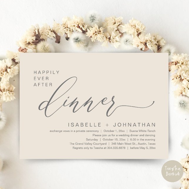 Convite Festa Romântica de Elopamento com Jantar Felizes p (Romantic Modern Happily Ever After Party Elopement Dinner Invitation Card PDF in Classy Cream Grey)
