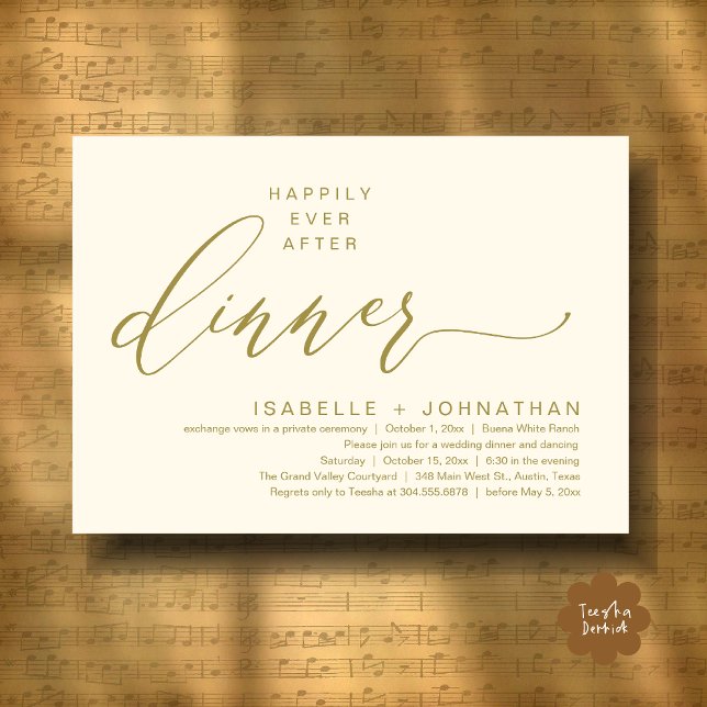 Convite Festa Romântica de Elopamento para Jantar Feliz pa (Romantic Modern Happily Ever After Party Elopement Dinner Invitation Card PDF in Classy Yellow Gold)