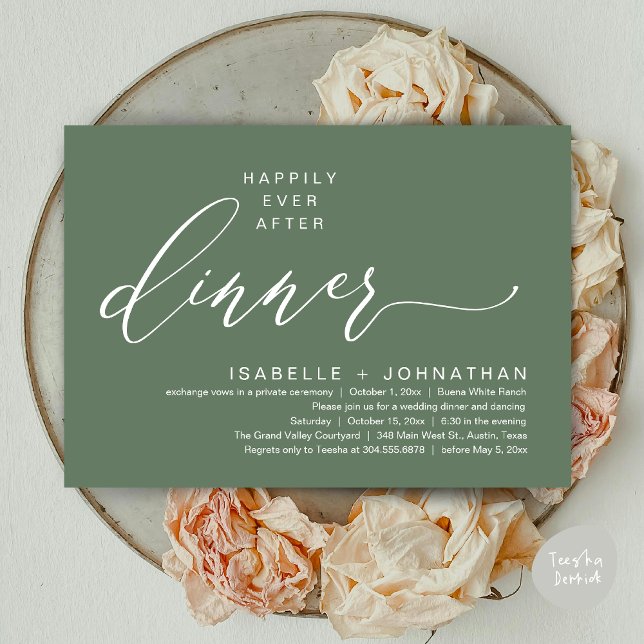 Convite Festa Romântica de Elopamento para Jantar Feliz pa (Romantic Modern Happily Ever After Party Elopement Dinner Invitation Card PDF in Rustic Sage Green)