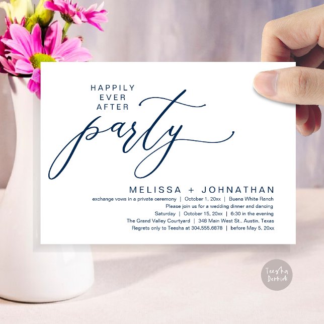 Convite Festa Romântica de Jantar de Casamento com Final F (Romantic Modern Happily Ever After Party Elopement Dinner Invitation Card PDF in Classy Navy Blue)