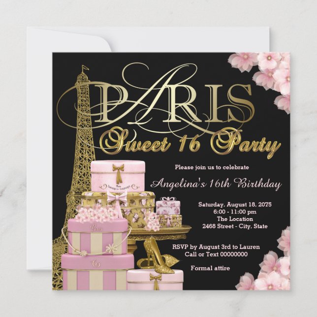 Convite Festa Rosa de Paris Sweet 16 (Frente)