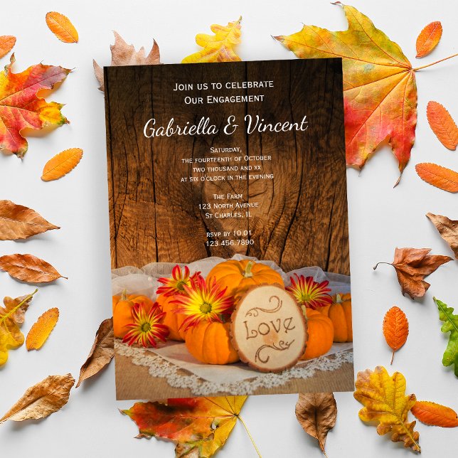 Convite Festa Russa de Pumpkins Fall Noivado Barn (Celebrate your Autumn Engagement with the charming Rustic Pumpkins Fall Party Invitation.)