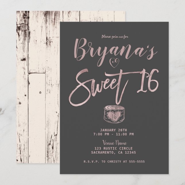 Convite Festa Rustic Glam Rosa Dourado Cinza Doce 16 Anos (Frente/Verso)