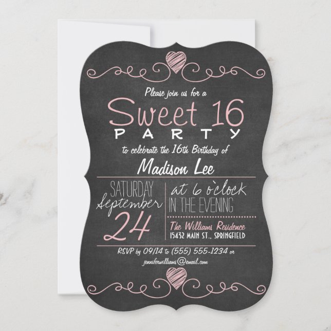 Convite Festa Rustic Sweet 16 Rustic Kalkboard Rosa e Bran (Frente)