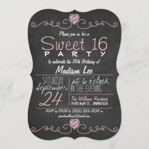 Convite Festa Rustic Sweet 16 Rustic Kalkboard Rosa e Bran