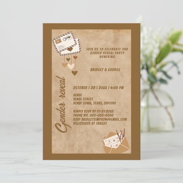 Convite festa rustic vintage beige gender (Em pé/Frente)