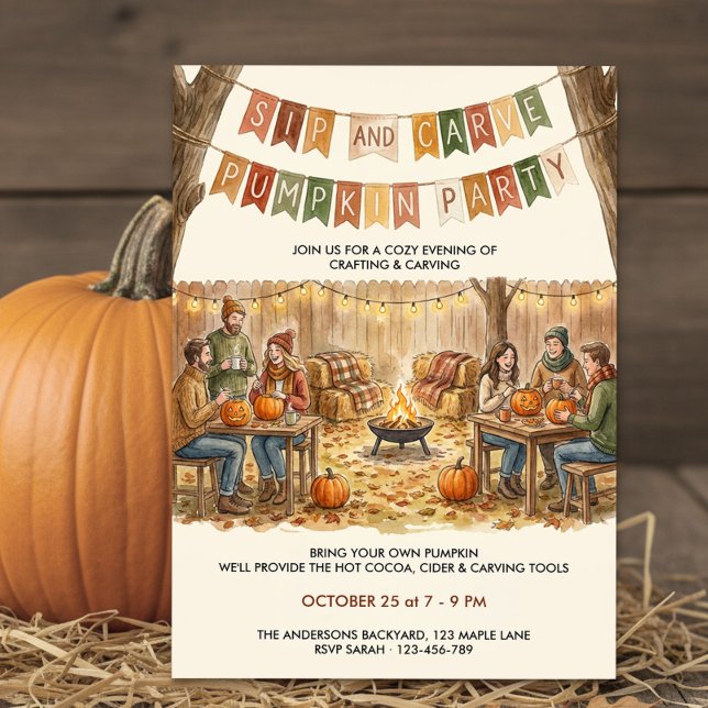 Convite Festa Rústica de Abobora para Beber e Esculpir no  (Sip and Carve Pumpkin Party Halloween Invitation by Darling & May)
