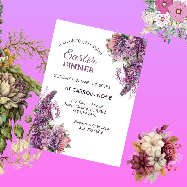 Convite Festa Rústica de Páscoa Rosa da Flora Lilac Roxa (Purple Lilac Flora Rustic Rose Easter Dinner Party Invitation)