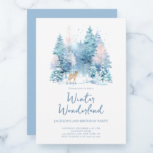 Convite Festa segundo aniversário de Wonderland Winter Woo (Blue Woodland Winter Wonderland 2nd Birthday Party Invitation)