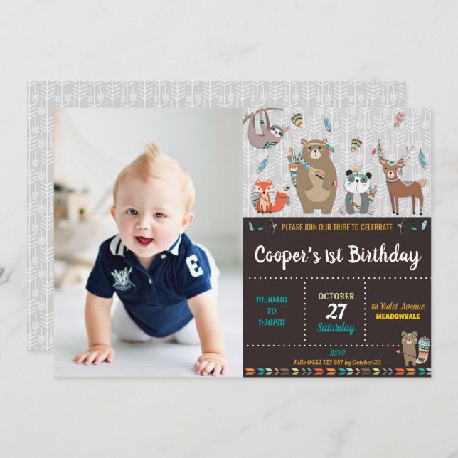 Convite Festa Selvagem do primeiro aniversario Tribal Wood (Frente/Verso)