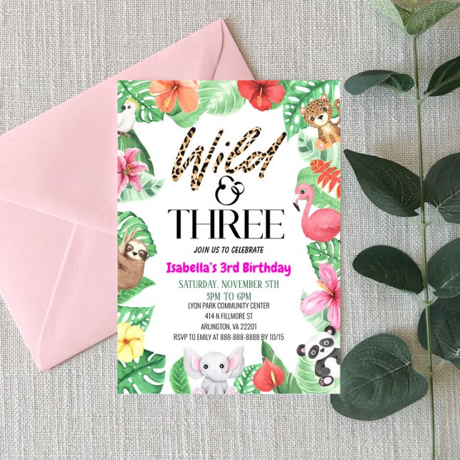 Convite Festa Selvagem e Três Animais Tropicais De anivers (Criador carregado)