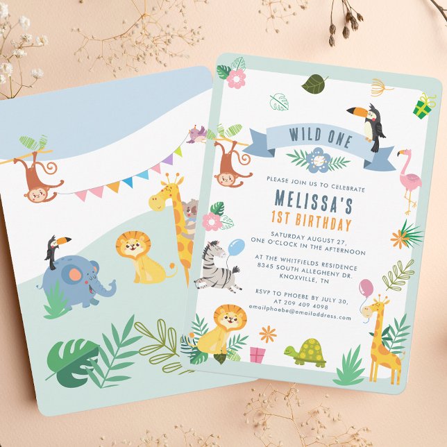 Convite Festa Selvagem Selvagem de Animais Safari (Wild One Jungle Safari Animals 1st Birthday Party Invitation)