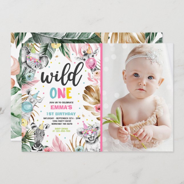 Convite Festa Selvagem Selvagem Selvagem de Safari Dourada (Frente/Verso)