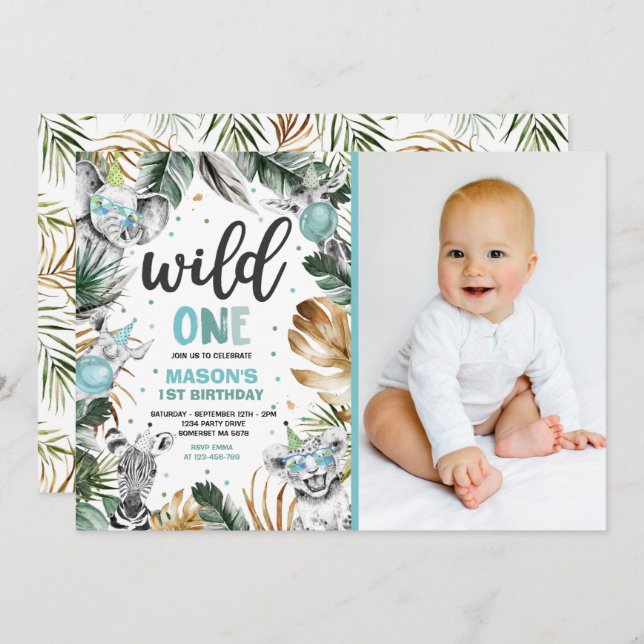 Convite Festa Selvagem Selvagem Selvagem de Safari Dourada (Frente/Verso)