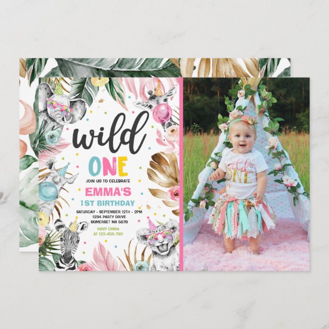 Convite Festa Selvagem Selvagem Selvagem de Safari Dourada (Frente/Verso)