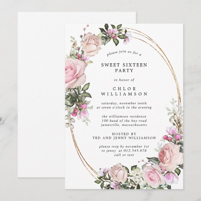 Convite Festa Sessenta e Doce Floral Rosa Blush (Frente/Verso)