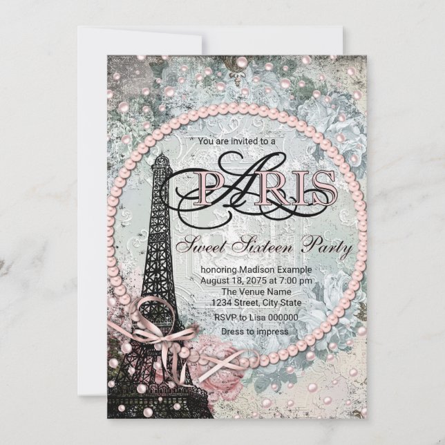 Convite Festa Shabby Chic Paris Sweet 16 (Frente)