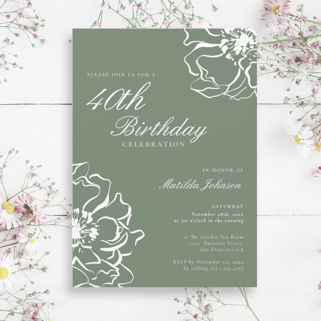 Convite Festa Simples de aniversário de 40 anos Floral (Simple Floral Sage 40th Birthday Party Invitation)