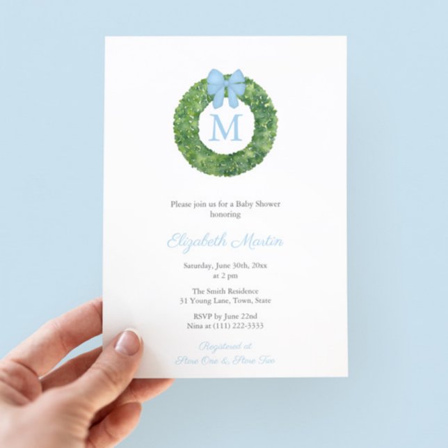 Convite Festa Simples de Chá de fraldas Monograma Wreath B (Elegant Baby Shower For Boy invitation featuring a boxwood wreath with single letter monogram)
